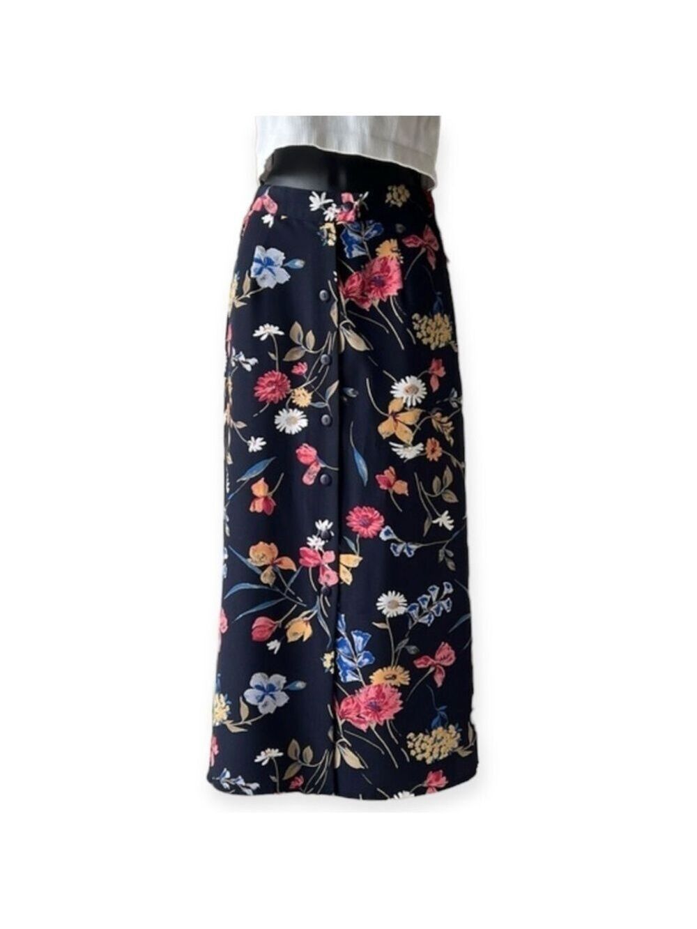ALIA Vintage Navy Blue Floral Button Up Skirt Size 10